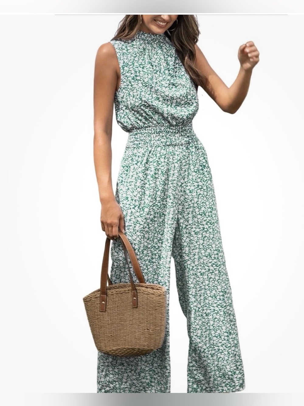 Cupshe Green Floral Smocked-Waist  Sleeveless Wide Leg Jumpsuit with Pockets Med